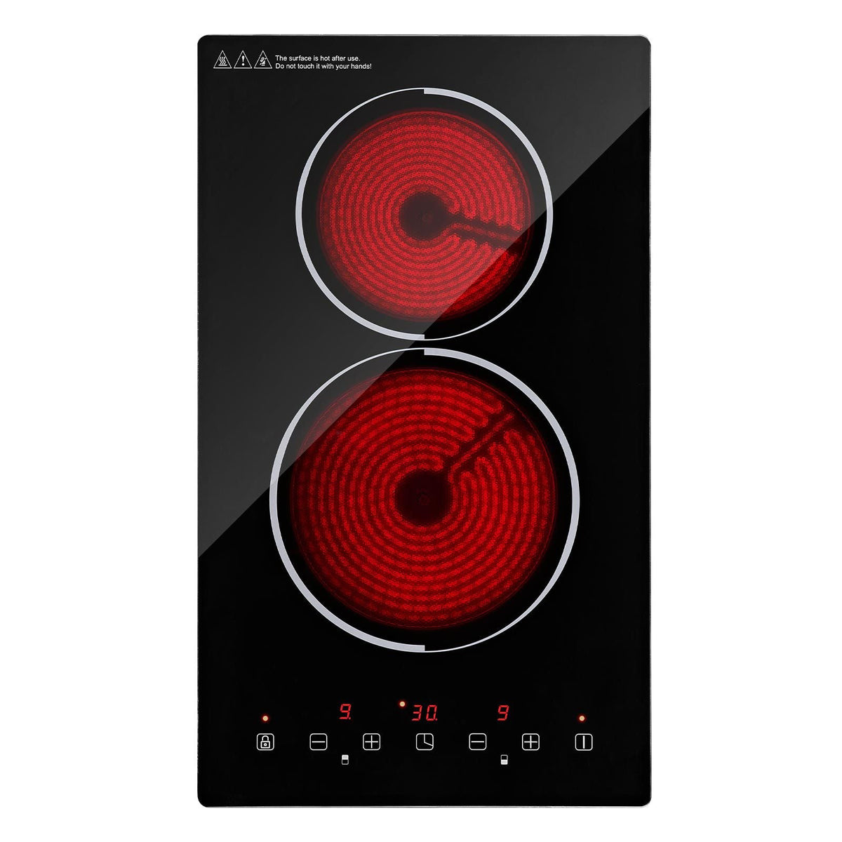 Electric Cooktop 12inch 2 Burners Stove Top 3000W 220V No Plug, Ceramic Built-in Radiant Electric Stove, with 9 Power Levels, Timer, Child Lock, Over-Heat Guard, Touch Control