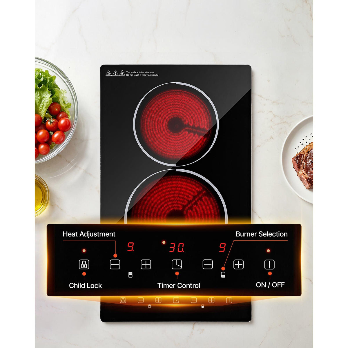 Electric Cooktop 12inch 2 Burners Stove Top 3000W 220V No Plug, Ceramic Built-in Radiant Electric Stove, with 9 Power Levels, Timer, Child Lock, Over-Heat Guard, Touch Control