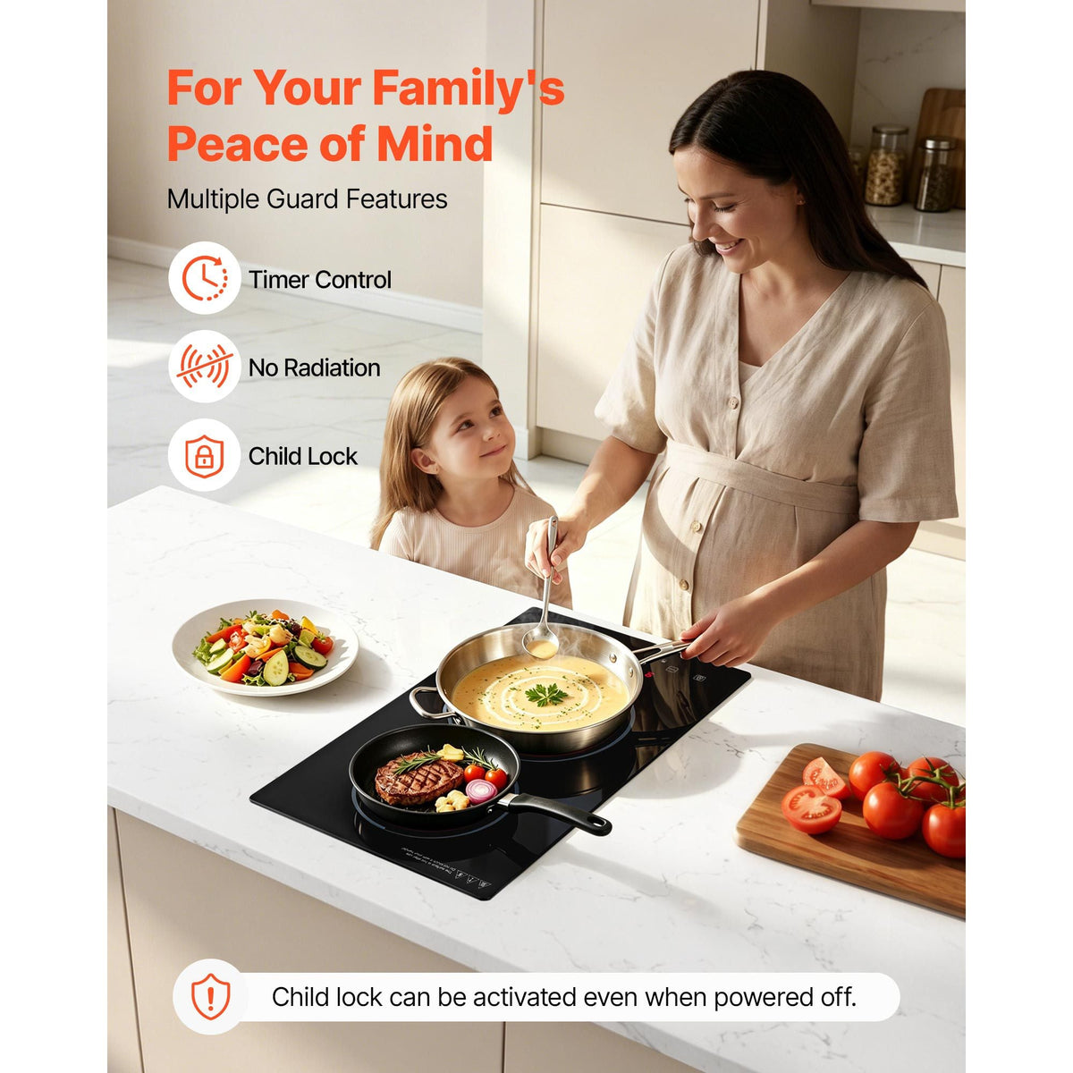 Electric Cooktop 12inch 2 Burners Stove Top 3000W 220V No Plug, Ceramic Built-in Radiant Electric Stove, with 9 Power Levels, Timer, Child Lock, Over-Heat Guard, Touch Control