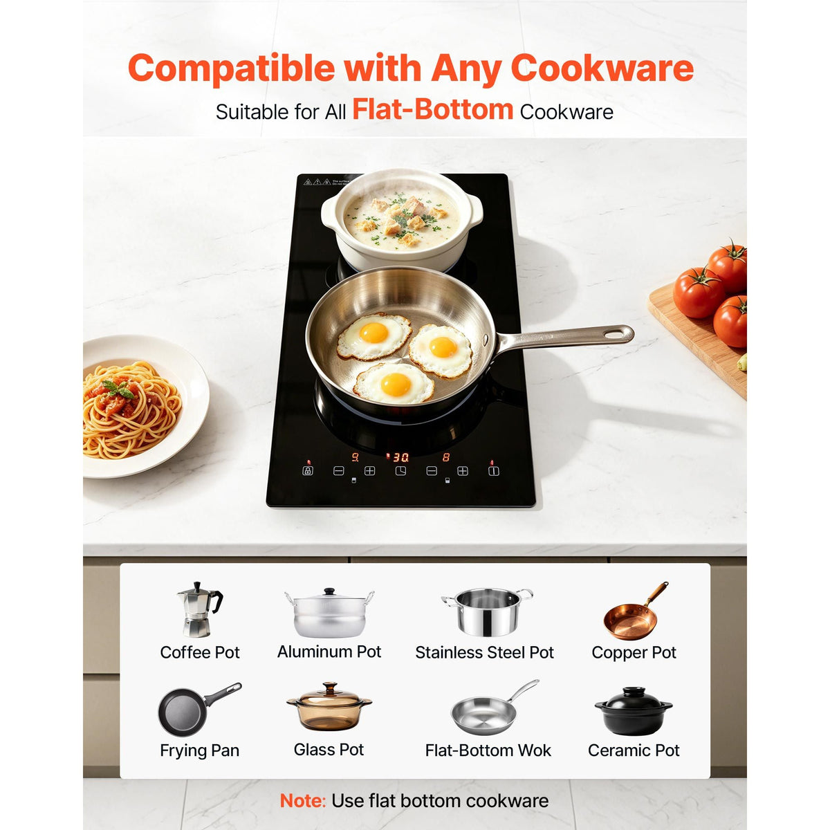 Electric Cooktop 12inch 2 Burners Stove Top 3000W 220V No Plug, Ceramic Built-in Radiant Electric Stove, with 9 Power Levels, Timer, Child Lock, Over-Heat Guard, Touch Control