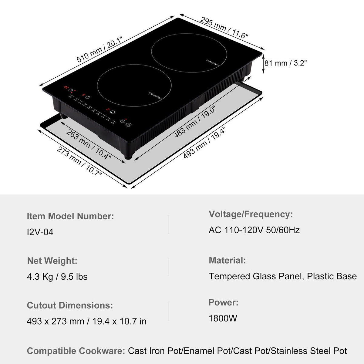 Electric Cooktop, 2 Burners, 12'' Induction Stove Top, Built-in Magnetic Cooktop 1800W, 9 Heating Level Multifunctional Burner, LED Touch Screen w/ Child Lock & Over-Temperature Protection