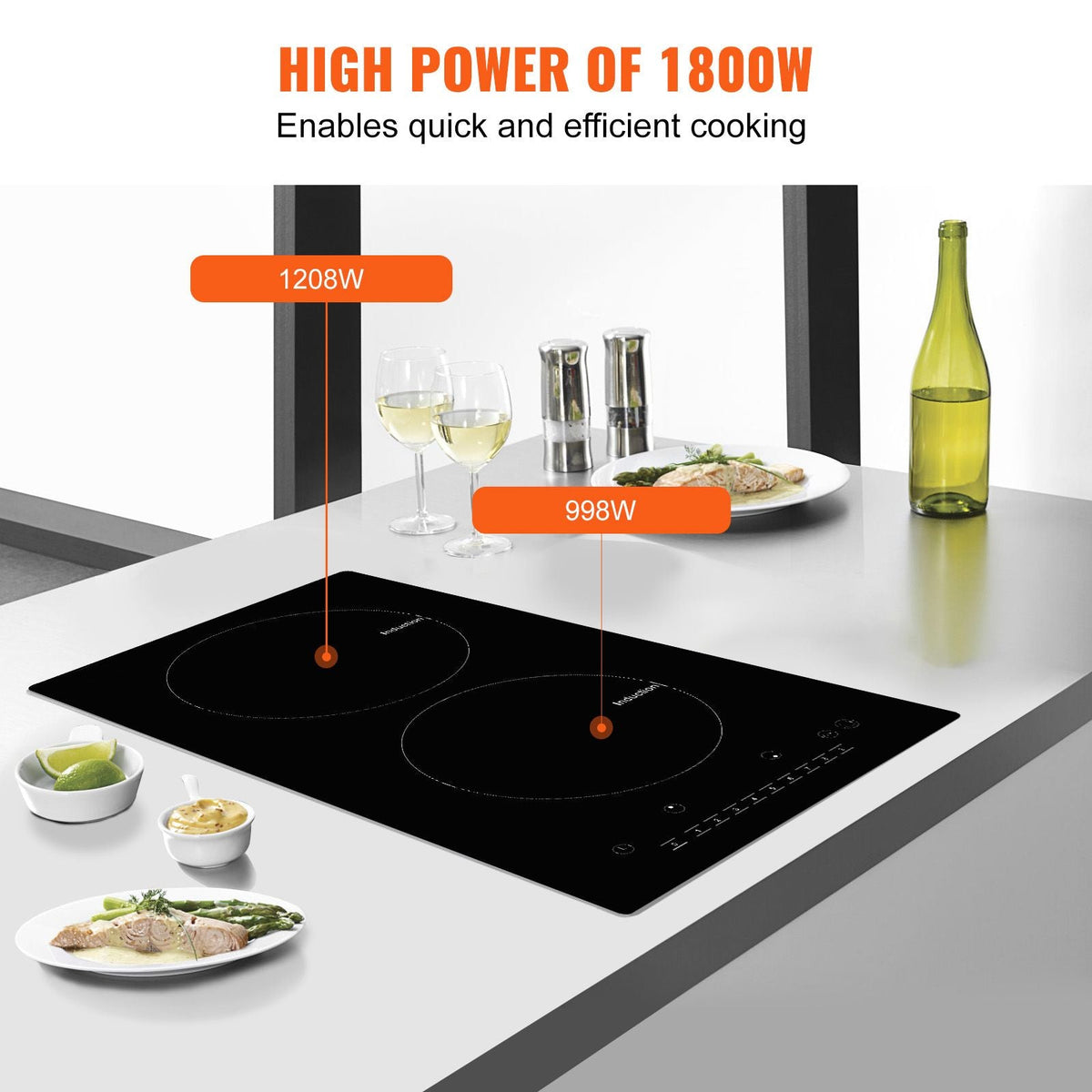 Electric Cooktop, 2 Burners, 12'' Induction Stove Top, Built-in Magnetic Cooktop 1800W, 9 Heating Level Multifunctional Burner, LED Touch Screen w/ Child Lock & Over-Temperature Protection