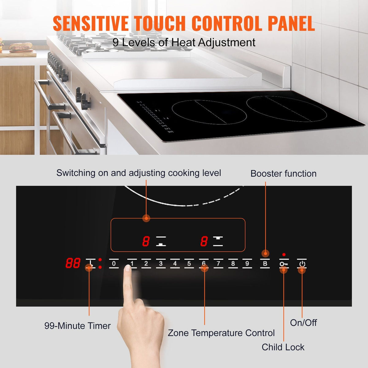 Electric Cooktop, 2 Burners, 12'' Induction Stove Top, Built-in Magnetic Cooktop 3000W, 9 Heating Level Multifunctional Burner, LED Touch Screen w/ Child Lock & Over-Temperature Protection