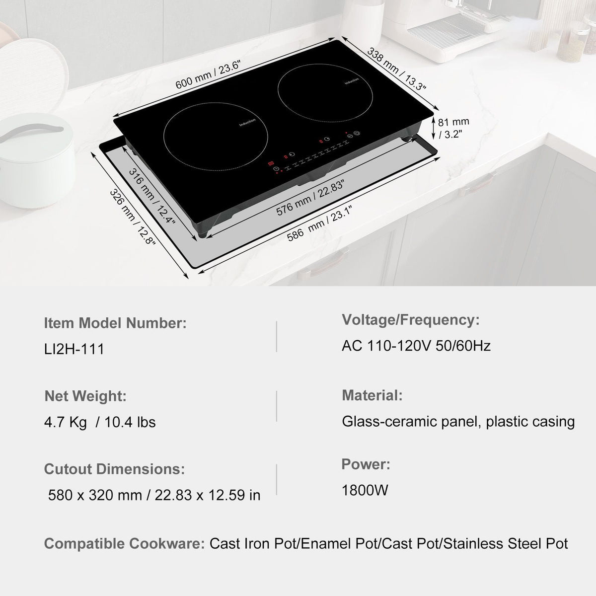 Electric Cooktop, 2 Burners, 24'' Induction Stove Top, Built-in Magnetic Cooktop 1800W, 9 Heating Level Multifunctional Burner, LED Touch Screen w/ Child Lock & Over-Temperature Protection