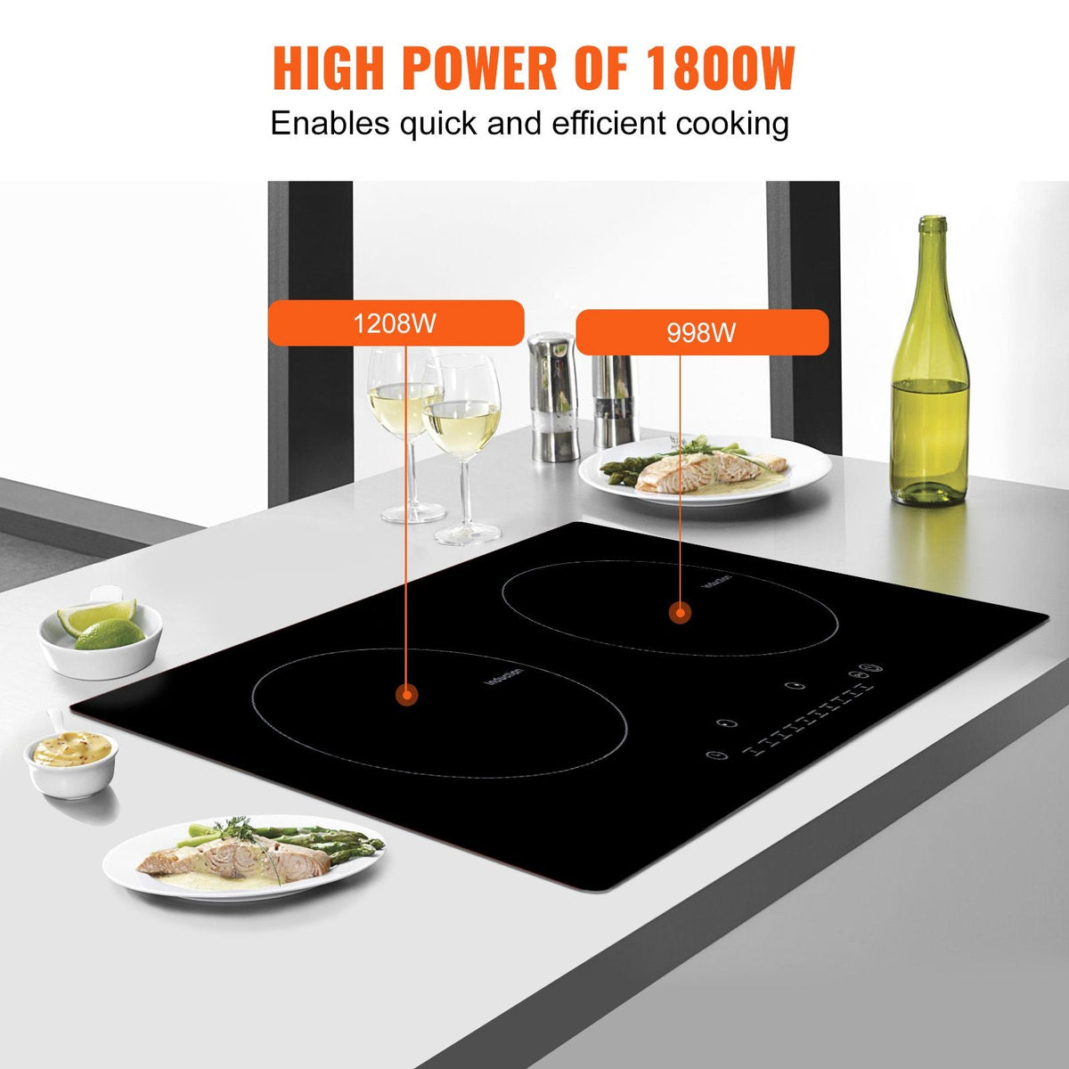 Electric Cooktop, 2 Burners, 24'' Induction Stove Top, Built-in Magnetic Cooktop 1800W, 9 Heating Level Multifunctional Burner, LED Touch Screen w/ Child Lock & Over-Temperature Protection