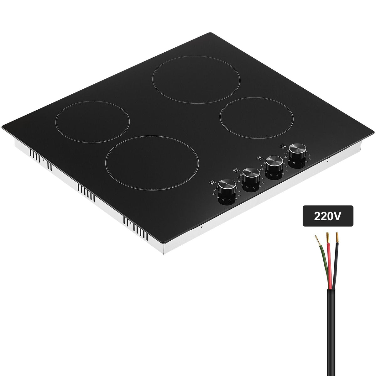 Electric Cooktop, 24 inch 4 Burners Built-in Electric Stove Top, 6000W Ceramic Top Radiant Cooktop, with Glass Panel, Knob Control, 11 Heat Levels, 220-240V, Hard Wire (No Plug)