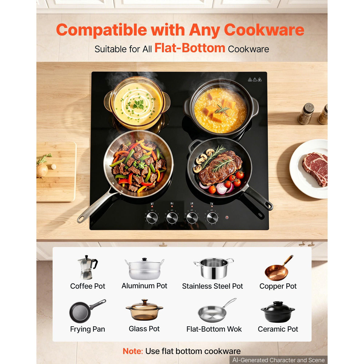 Electric Cooktop 24inch 4 Burners Stove Top 6000W 220V No Plug, Ceramic Built-in Radiant Electric Stove , with 11 Power Levels, Over-Heat Guard, Knob Control, for Diverse Cooking Requirements