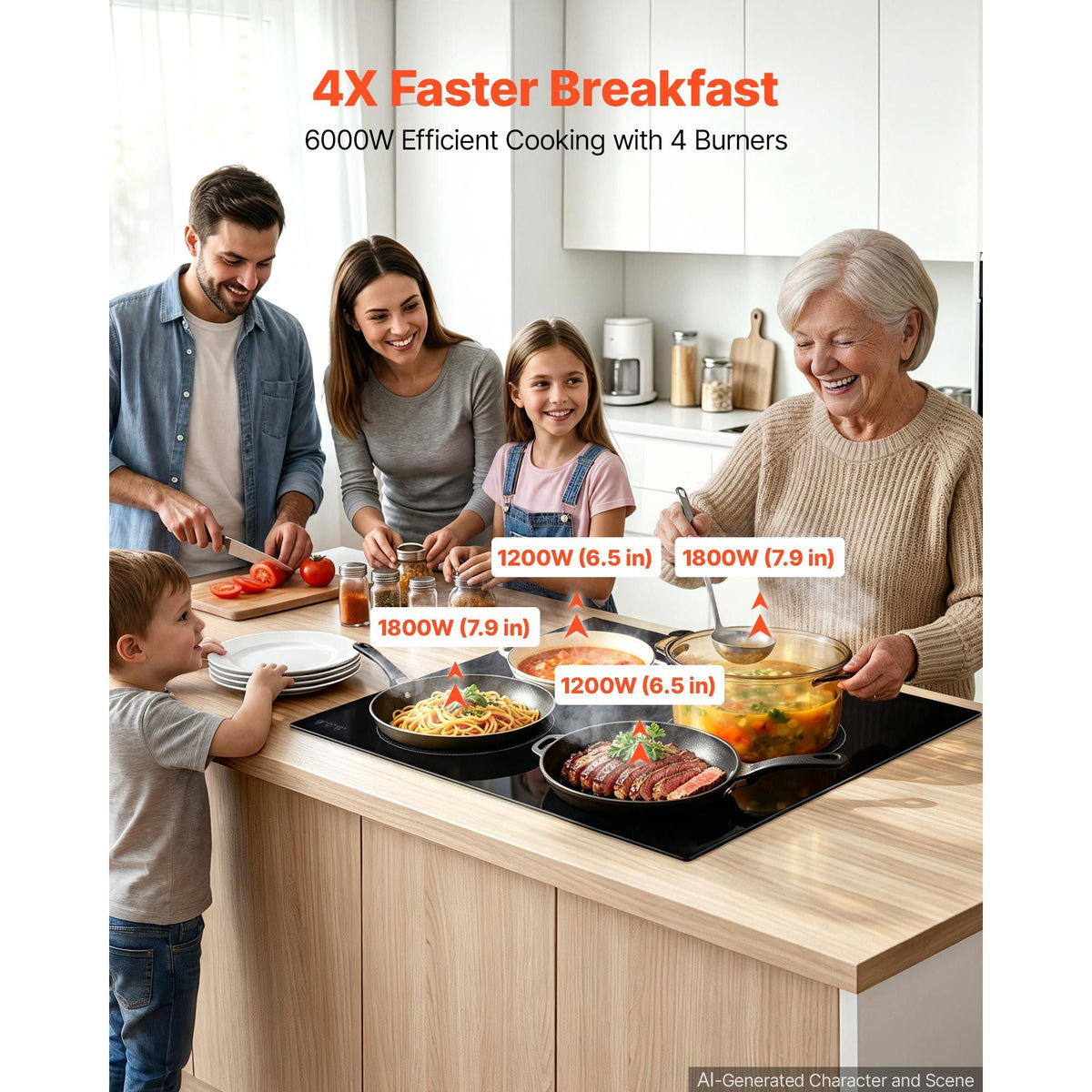 Electric Cooktop 24inch 4 Burners Stove Top 6000W 220V No Plug, Ceramic Built-in Radiant Electric Stove , with 11 Power Levels, Over-Heat Guard, Knob Control, for Diverse Cooking Requirements