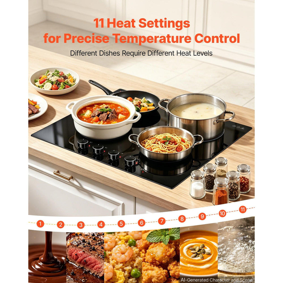Electric Cooktop 24inch 4 Burners Stove Top 6000W 220V No Plug, Ceramic Built-in Radiant Electric Stove , with 11 Power Levels, Over-Heat Guard, Knob Control, for Diverse Cooking Requirements