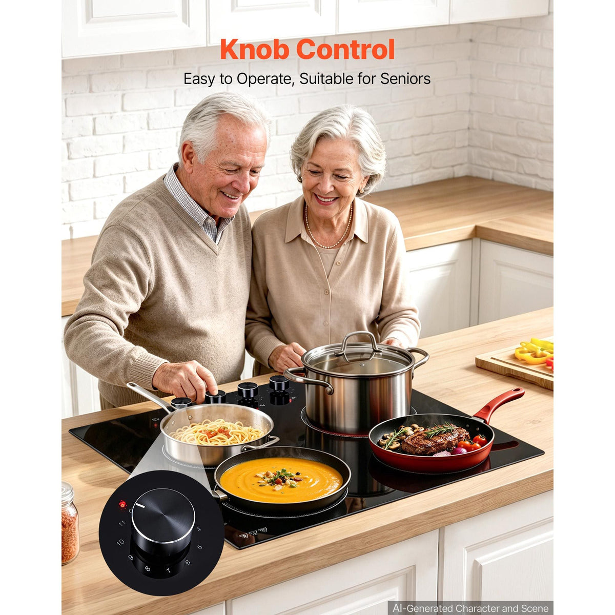 Electric Cooktop 24inch 4 Burners Stove Top 6000W 220V No Plug, Ceramic Built-in Radiant Electric Stove , with 11 Power Levels, Over-Heat Guard, Knob Control, for Diverse Cooking Requirements