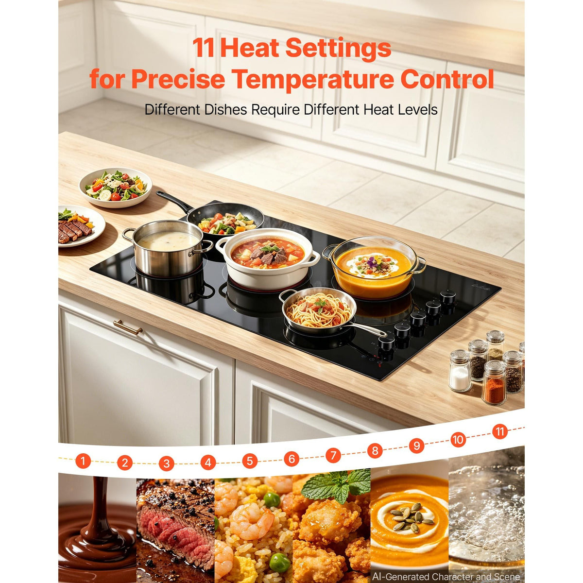 Electric Cooktop 36inch 5 Burners Stove Top 8800W 220V No Plug, Ceramic Built-in Radiant Electric Stove , with 11 Power Levels, Timer, Child Lock, Over-Heat Guard, Knob/Touch Control