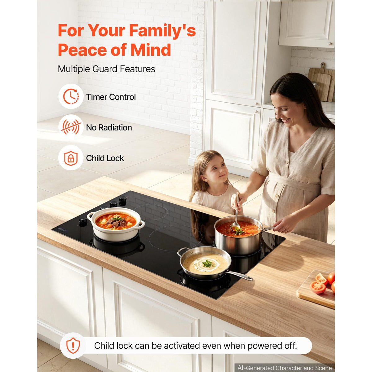 Electric Cooktop 36inch 5 Burners Stove Top 8800W 220V No Plug, Ceramic Built-in Radiant Electric Stove , with 11 Power Levels, Timer, Child Lock, Over-Heat Guard, Knob/Touch Control