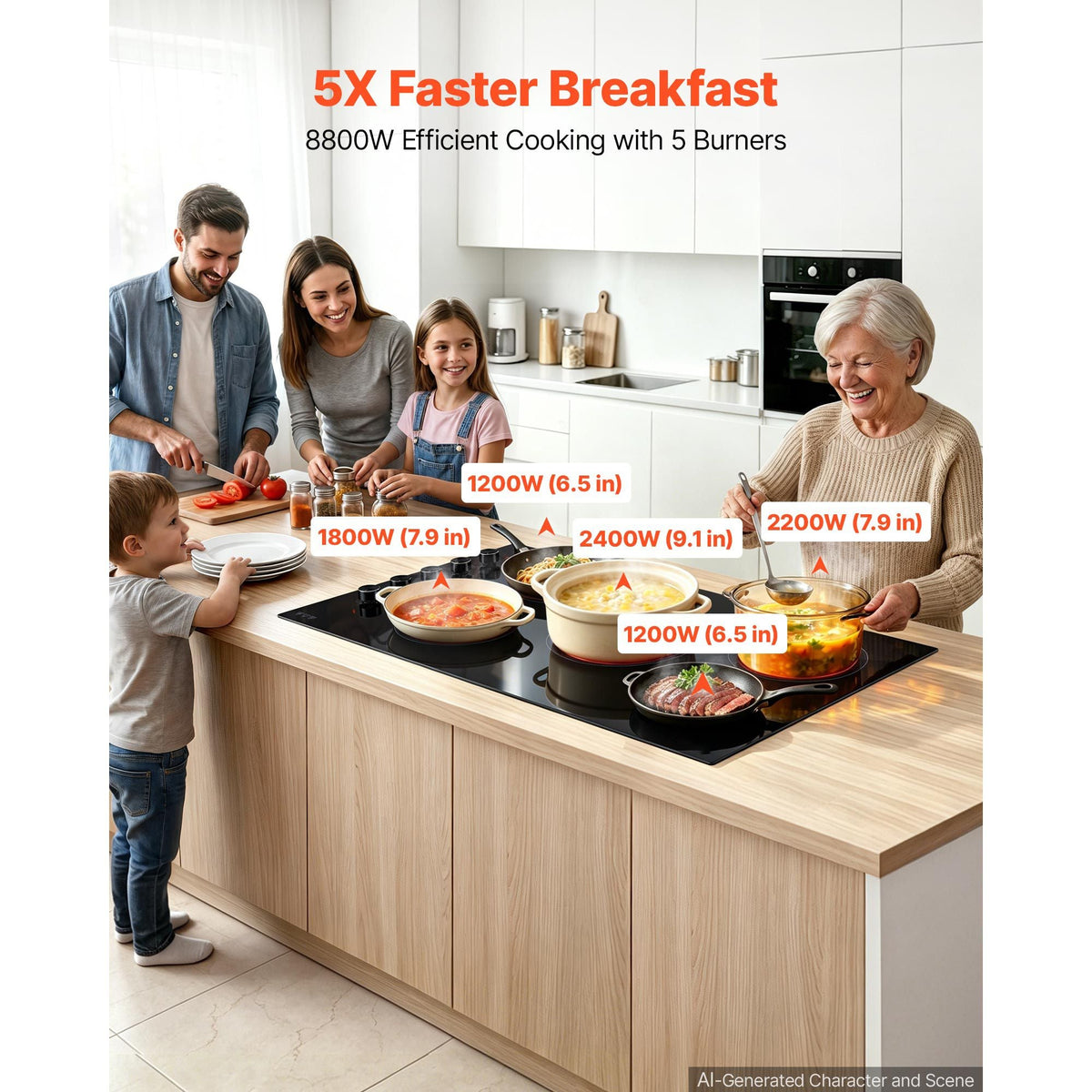 Electric Cooktop 36inch 5 Burners Stove Top 8800W 220V No Plug, Ceramic Built-in Radiant Electric Stove , with 11 Power Levels, Timer, Child Lock, Over-Heat Guard, Knob/Touch Control