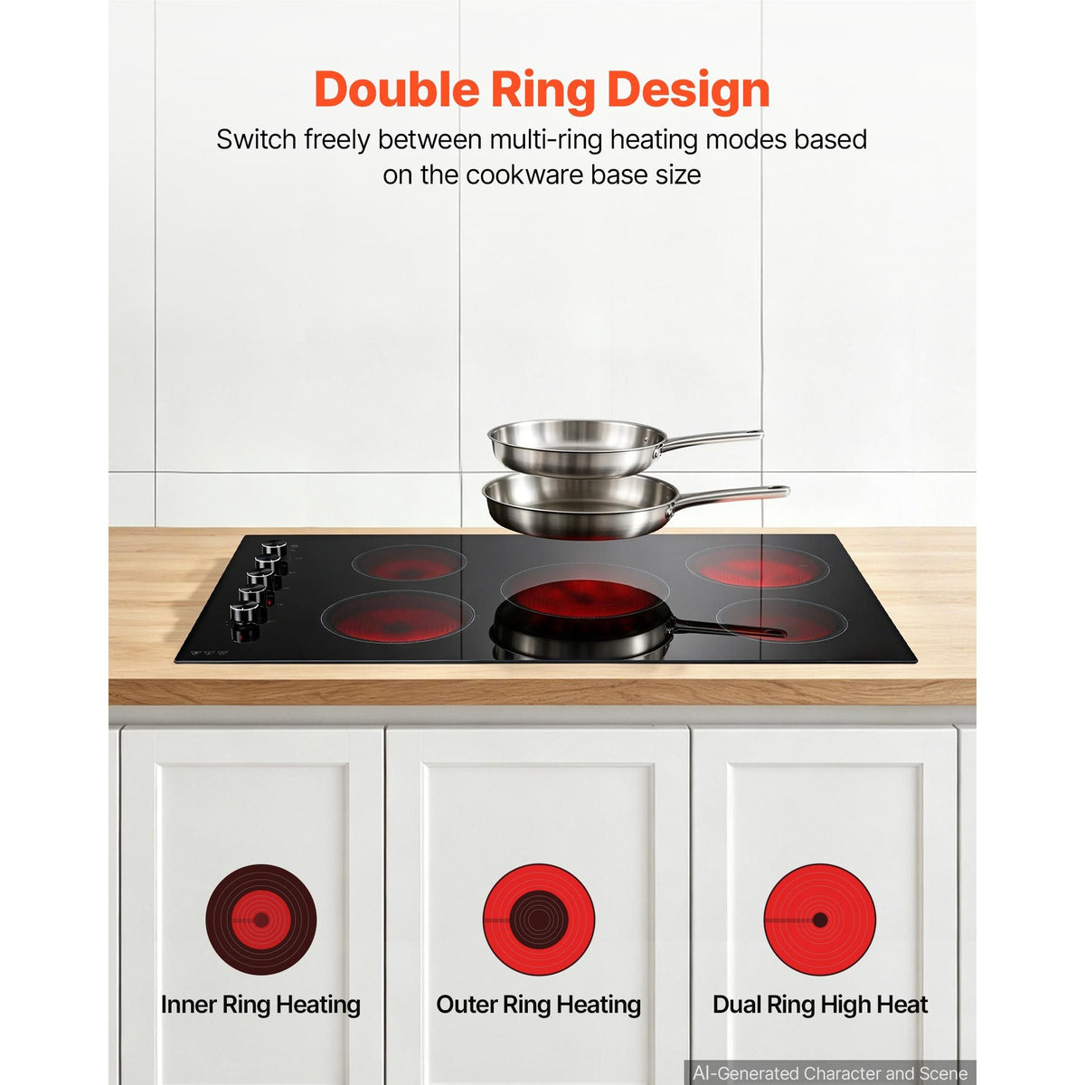 Electric Cooktop 36inch 5 Burners Stove Top 8800W 220V No Plug, Ceramic Built-in Radiant Electric Stove , with 11 Power Levels, Timer, Child Lock, Over-Heat Guard, Knob/Touch Control