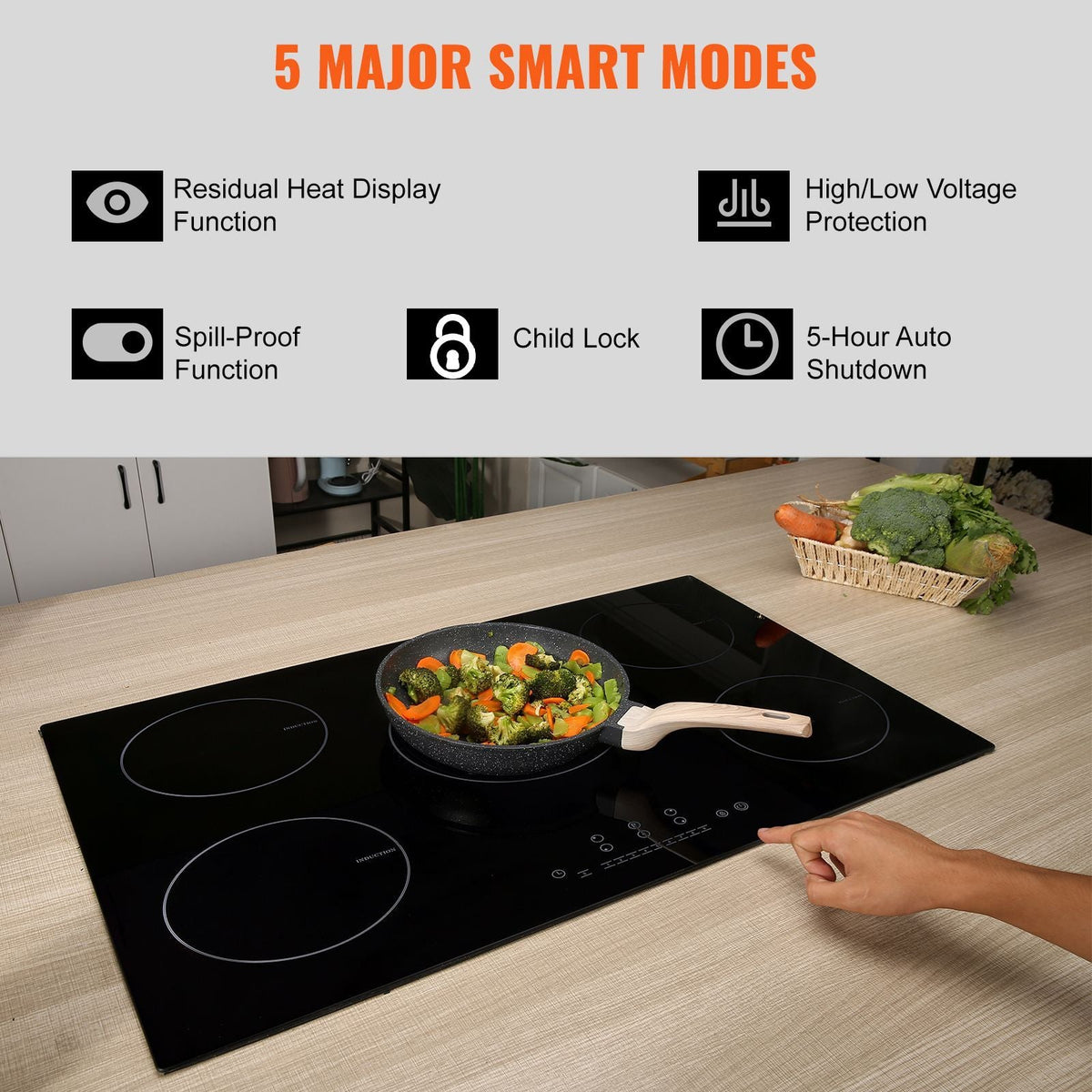 Electric Cooktop, 5 Burners, 30'' Induction Stove Top, Built-in Magnetic Cooktop 9200W, 9 Heating Level Multifunctional Burner, LED Touch Screen w/ Child Lock & Over-Temperature Protection