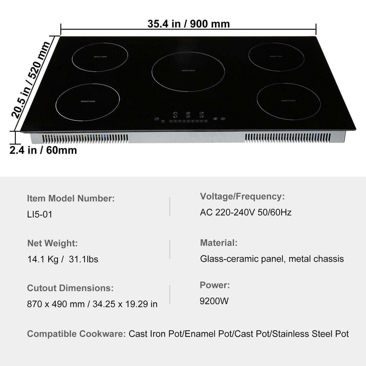 Electric Cooktop, 5 Burners, 36'' Induction Stove Top, Built-in Magnetic Cooktop 9200W, 9 Heating Level Multifunctional Burner, LED Touch Screen w/ Child Lock & Over-Temperature Protection