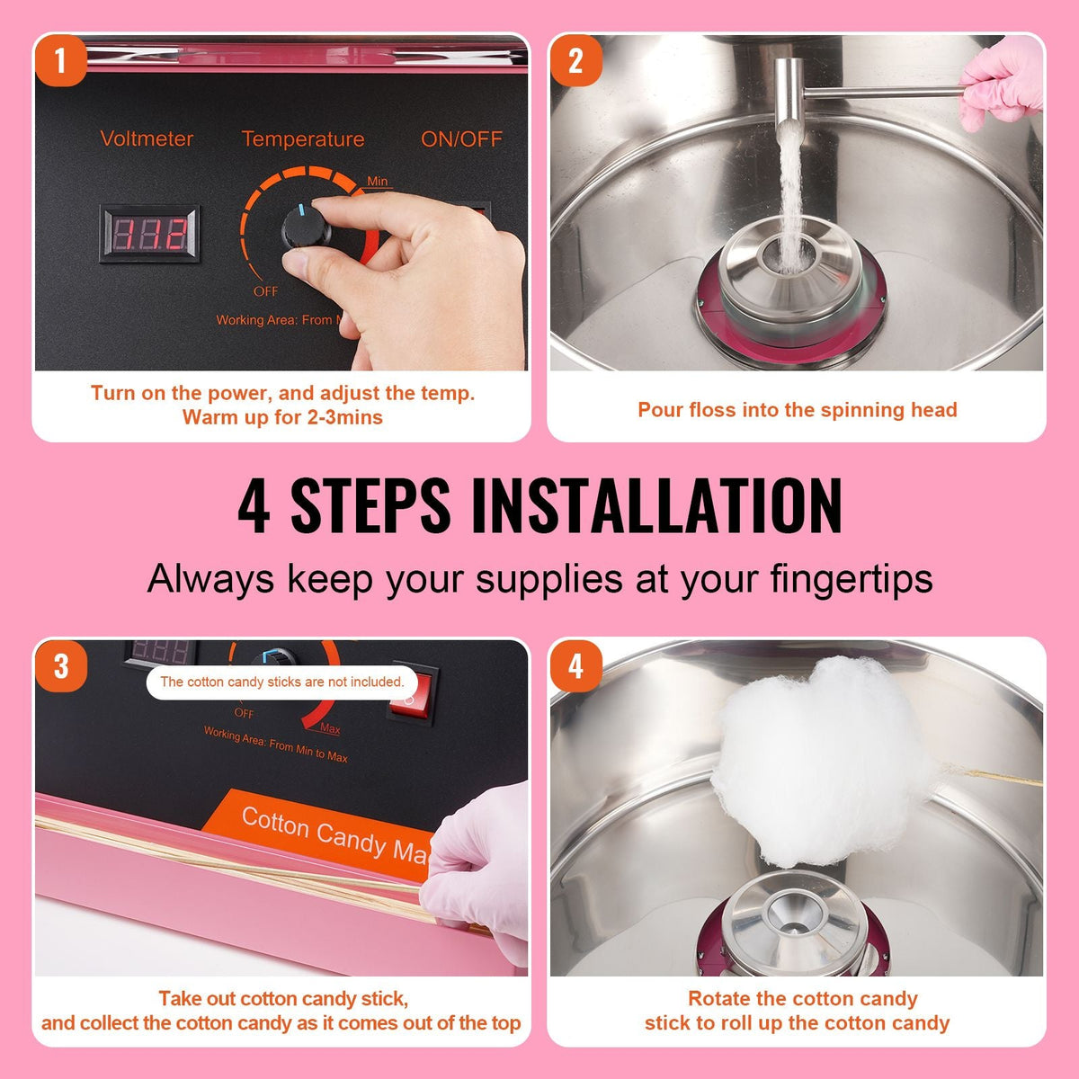 Electric Cotton Candy Machine, 1000W Candy Floss Maker, Commercial Cotton Candy Machine with Cover, Stainless Steel Bowl, and Sugar Scoop, Perfect for Home Kids Birthday, Family Party (Pink)