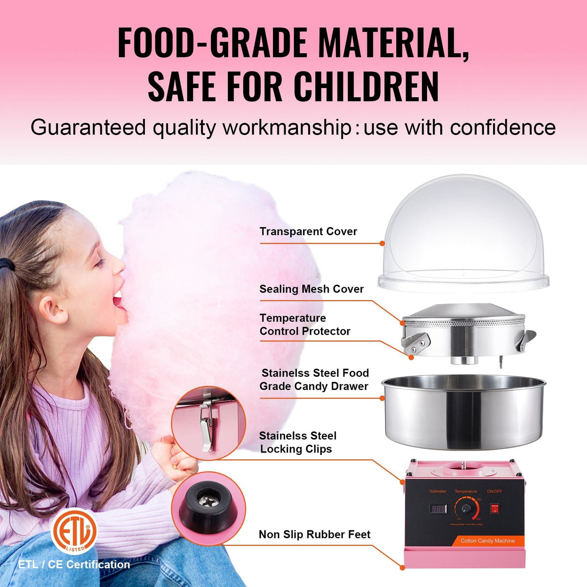 Electric Cotton Candy Machine, 1000W Candy Floss Maker, Commercial Cotton Candy Machine with Cover, Stainless Steel Bowl, and Sugar Scoop, Perfect for Home Kids Birthday, Family Party (Pink)