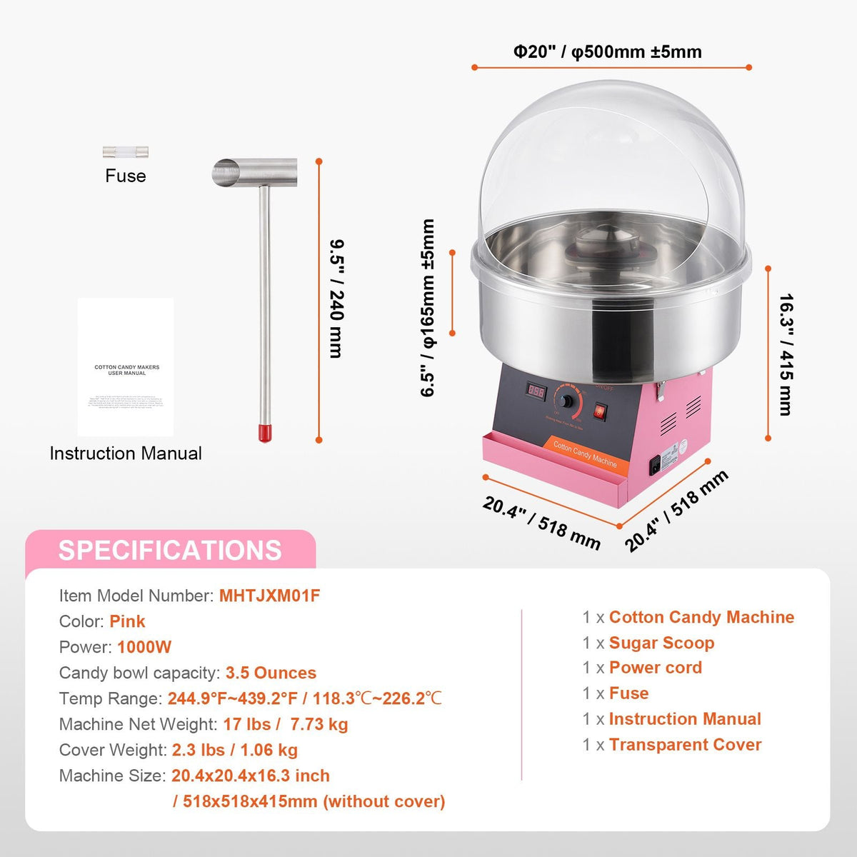 Electric Cotton Candy Machine, 1000W Candy Floss Maker, Commercial Cotton Candy Machine with Cover, Stainless Steel Bowl, and Sugar Scoop, Perfect for Home Kids Birthday, Family Party (Pink)