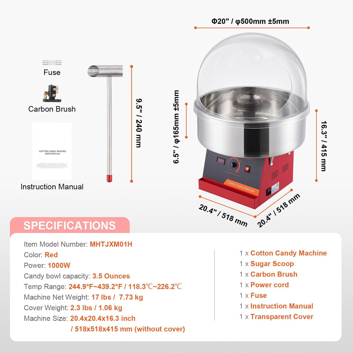 Electric Cotton Candy Machine, 1000W Candy Floss Maker, Commercial Cotton Candy Machine with Cover, Stainless Steel Bowl, and Sugar Scoop, Perfect for Home Kids Birthday, Family Party (Red)