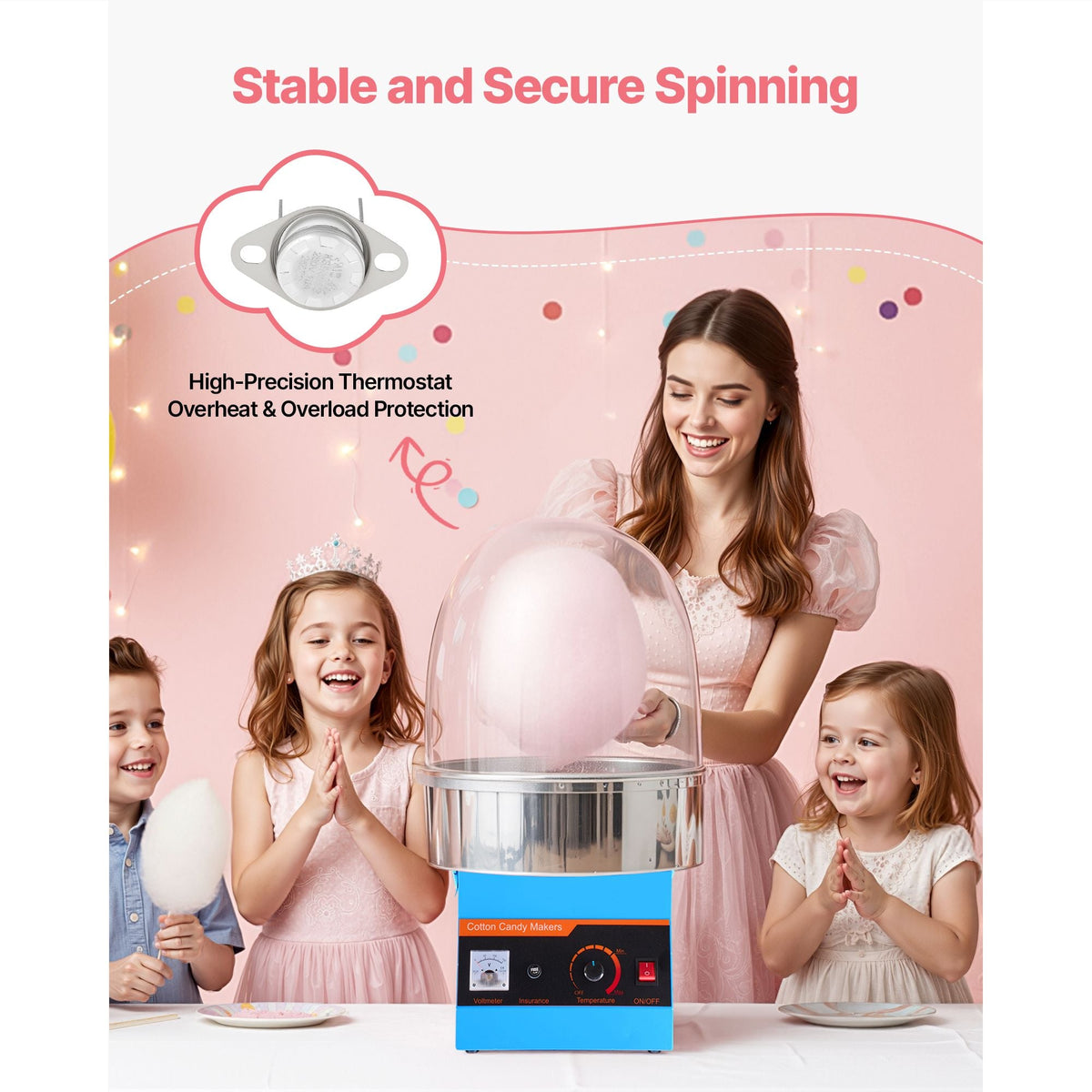 Electric Cotton Candy Machine, 1000W Commercial Floss Maker With Cover, Commercial Cotton Candy Machine w/Stainless Steel Bowl & Sugar Scoop, Ideal for Carnival, Birthday, Family Party, Blue