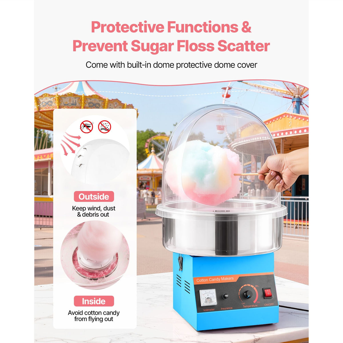 Electric Cotton Candy Machine, 1000W Commercial Floss Maker With Cover, Commercial Cotton Candy Machine w/Stainless Steel Bowl & Sugar Scoop, Ideal for Carnival, Birthday, Family Party, Blue