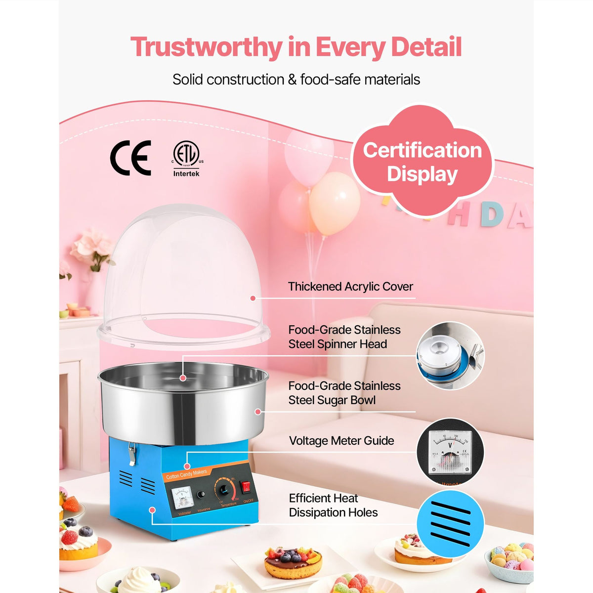 Electric Cotton Candy Machine, 1000W Commercial Floss Maker With Cover, Commercial Cotton Candy Machine w/Stainless Steel Bowl & Sugar Scoop, Ideal for Carnival, Birthday, Family Party, Blue