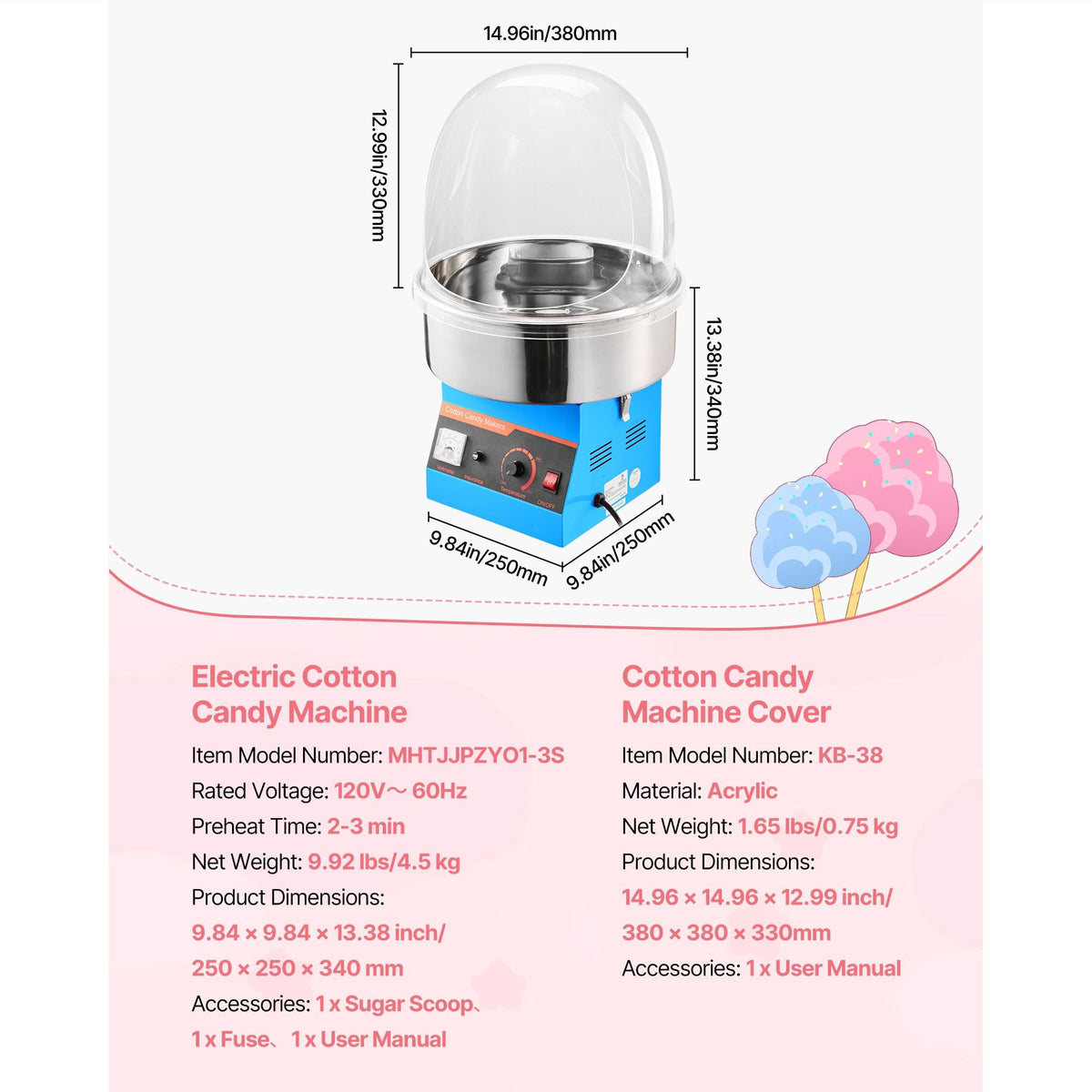 Electric Cotton Candy Machine, 1000W Commercial Floss Maker With Cover, Commercial Cotton Candy Machine w/Stainless Steel Bowl & Sugar Scoop, Ideal for Carnival, Birthday, Family Party, Blue