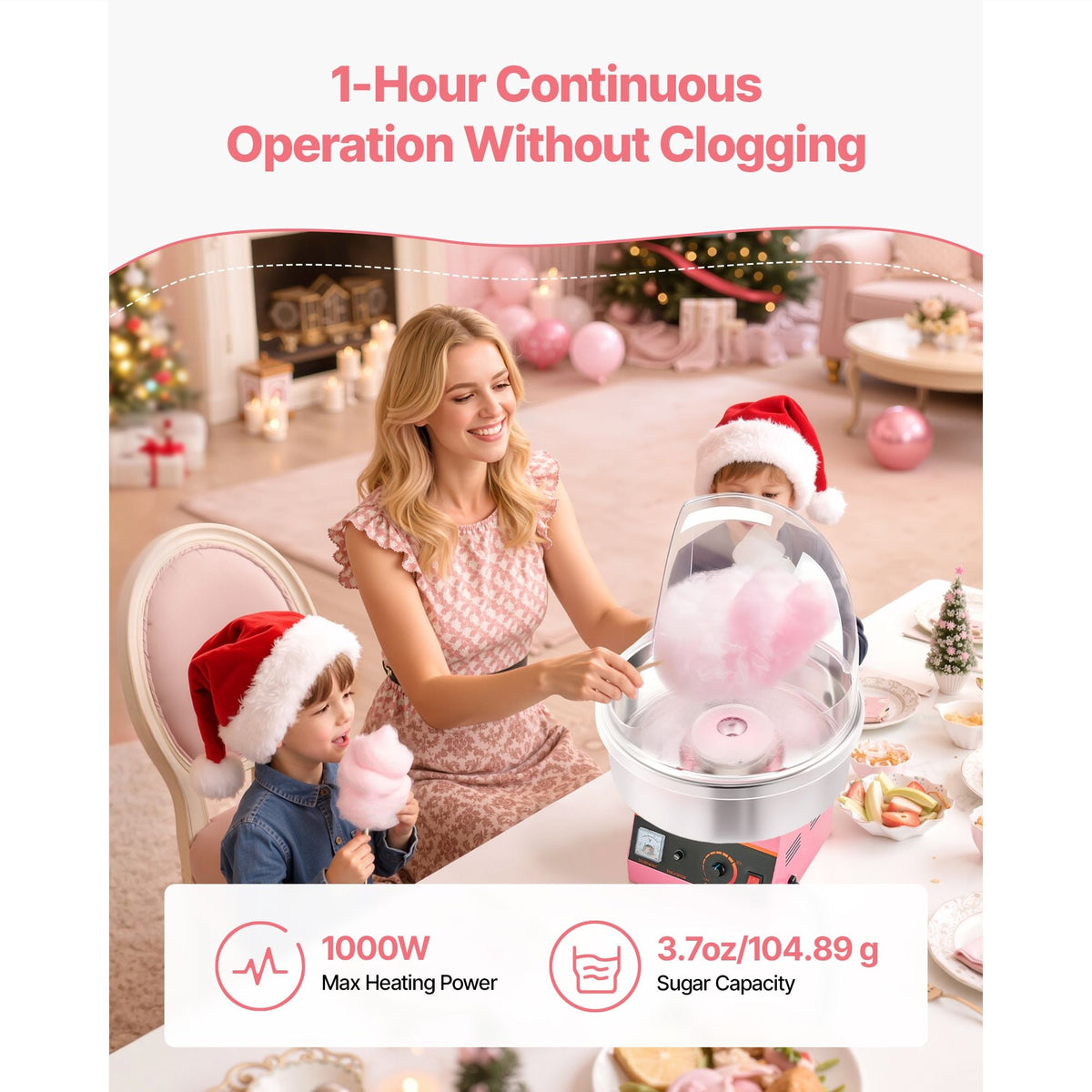 Electric Cotton Candy Machine, 1000W Commercial Floss Maker With Cover, Commercial Cotton Candy Machine w/Stainless Steel Bowl & Sugar Scoop, Ideal for Carnival, Birthday, Family Party, Pink