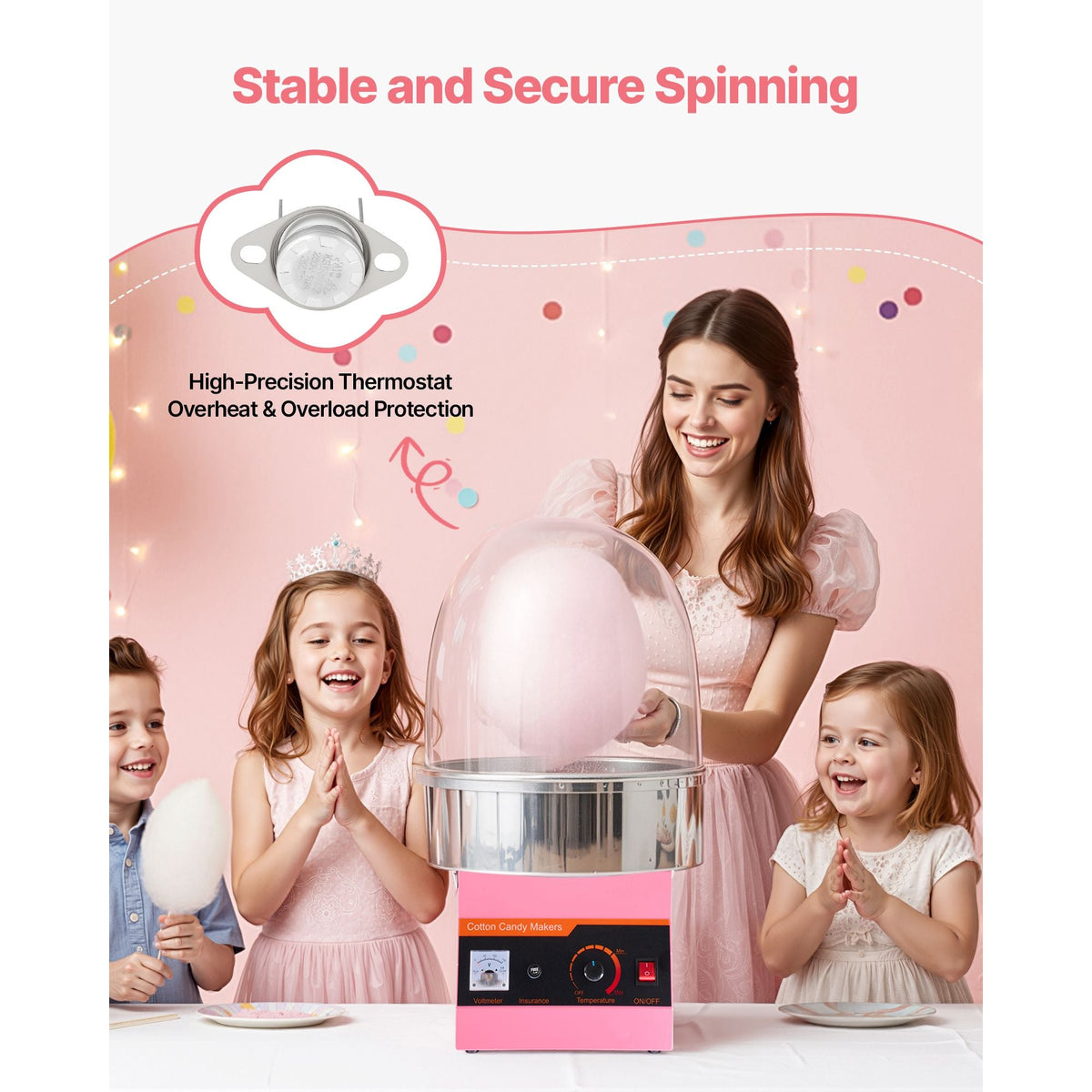 Electric Cotton Candy Machine, 1000W Commercial Floss Maker With Cover, Commercial Cotton Candy Machine w/Stainless Steel Bowl & Sugar Scoop, Ideal for Carnival, Birthday, Family Party, Pink