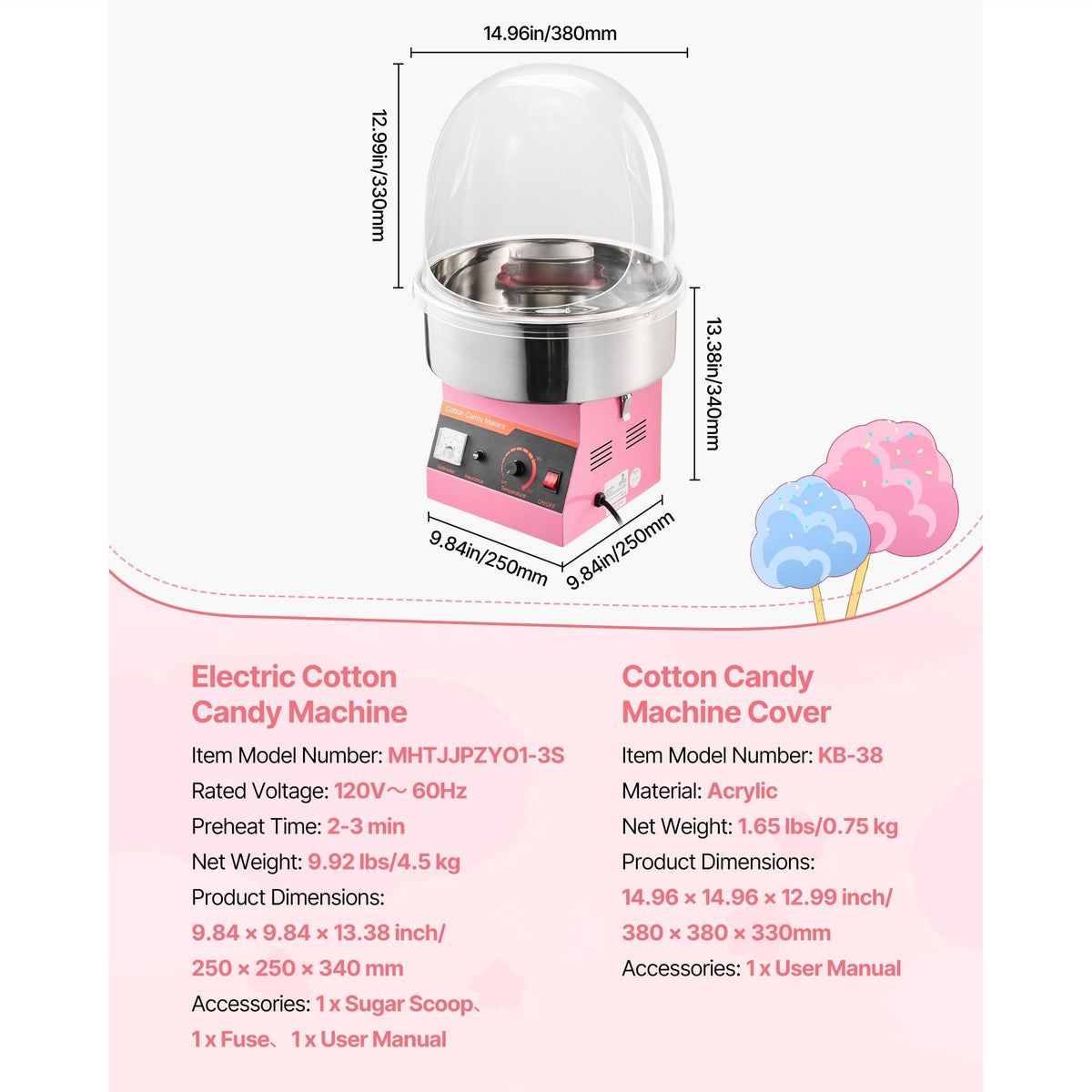 Electric Cotton Candy Machine, 1000W Commercial Floss Maker With Cover, Commercial Cotton Candy Machine w/Stainless Steel Bowl & Sugar Scoop, Ideal for Carnival, Birthday, Family Party, Pink