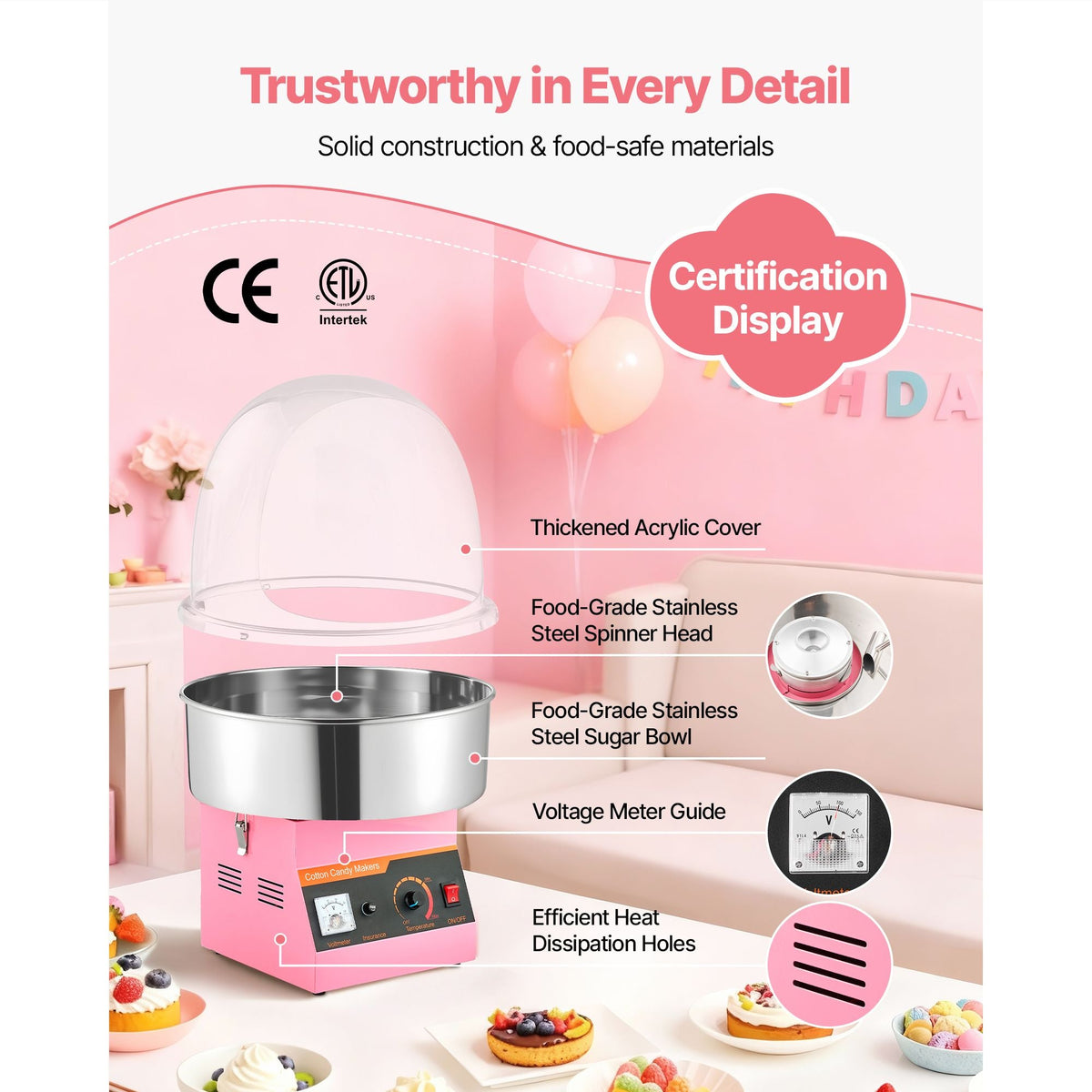 Electric Cotton Candy Machine, 1000W Commercial Floss Maker With Cover, Commercial Cotton Candy Machine w/Stainless Steel Bowl & Sugar Scoop, Ideal for Carnival, Birthday, Family Party, Pink