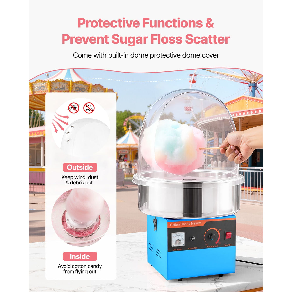 Electric Cotton Candy Machine, 1000W Electric Floss Maker With Cover, Commercial Cotton Candy Machine w/Stainless Steel Bowl & Sugar Scoop, Ideal for Home, Carnival, Birthday, Family Party, Blue