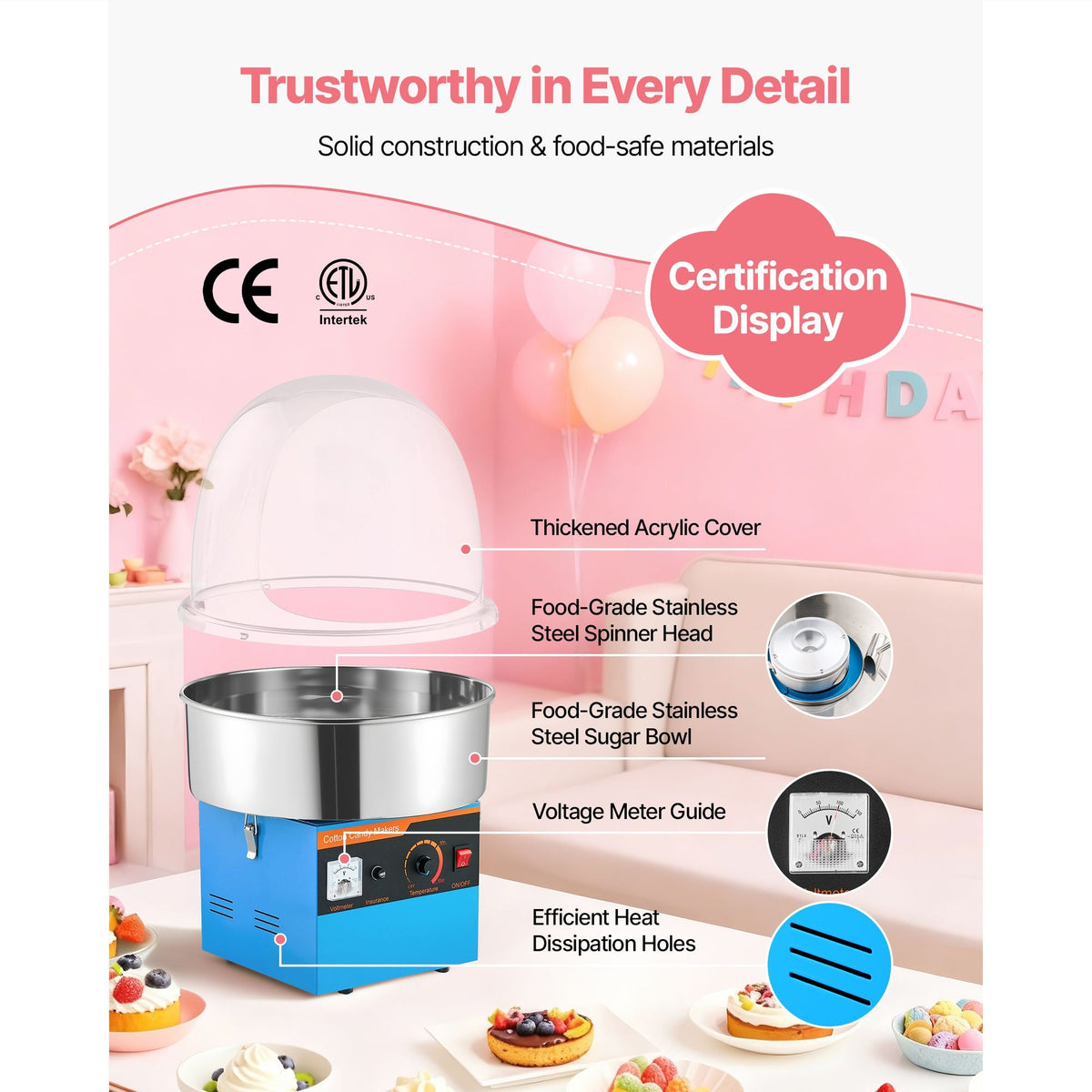 Electric Cotton Candy Machine, 1000W Electric Floss Maker With Cover, Commercial Cotton Candy Machine w/Stainless Steel Bowl & Sugar Scoop, Ideal for Home, Carnival, Birthday, Family Party, Blue