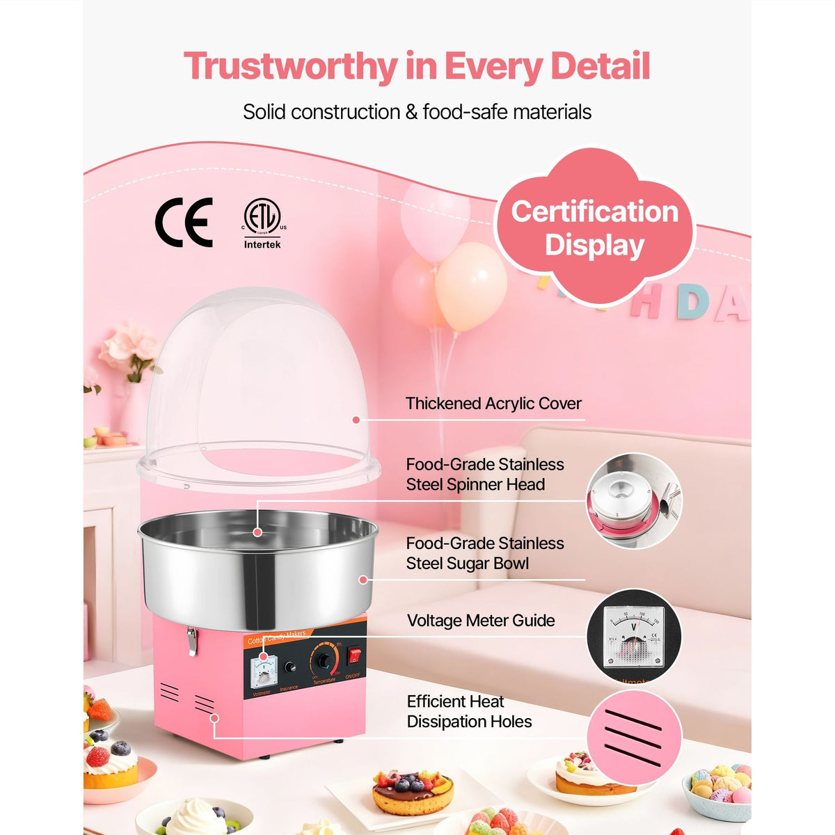 Electric Cotton Candy Machine, 1000W Electric Floss Maker With Cover, Commercial Cotton Candy Machine w/Stainless Steel Bowl & Sugar Scoop, Ideal for Home, Carnival, Birthday, Family Party, Pink