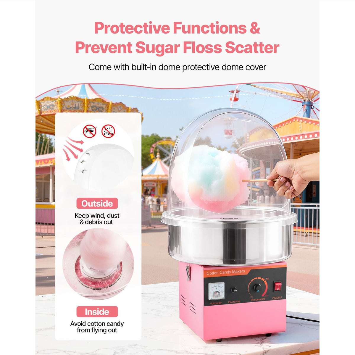 Electric Cotton Candy Machine, 1000W Electric Floss Maker With Cover, Commercial Cotton Candy Machine w/Stainless Steel Bowl & Sugar Scoop, Ideal for Home, Carnival, Birthday, Family Party, Pink