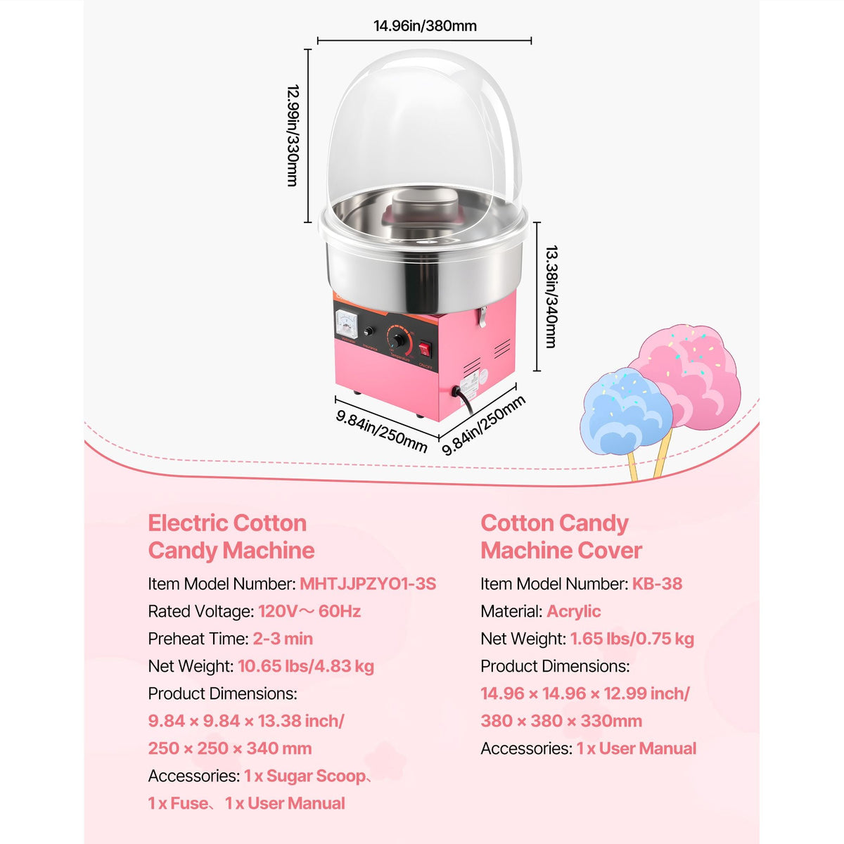 Electric Cotton Candy Machine, 1000W Electric Floss Maker With Cover, Commercial Cotton Candy Machine w/Stainless Steel Bowl & Sugar Scoop, Ideal for Home, Carnival, Birthday, Family Party, Pink