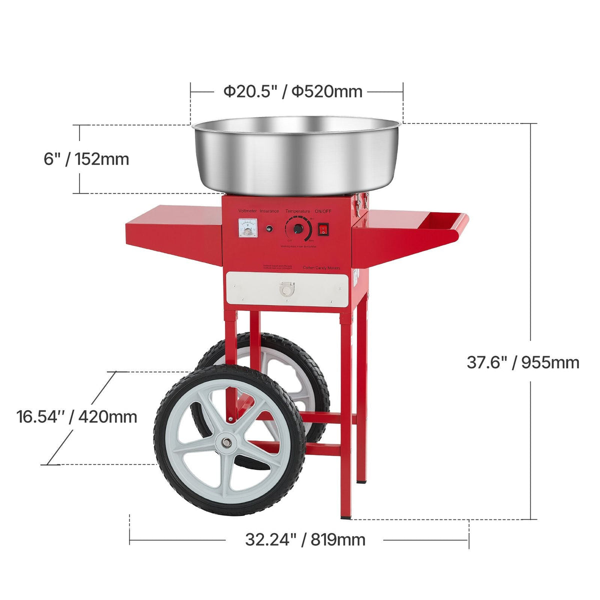 Electric Cotton Candy Machine with Cart, 1000W Commercial Candy Floss Maker with 20.5 in Stainless Steel Bowl, Sugar Scoop, and Drawer, Easy to Use, for Home, Kids Birthday, Family Party, Red