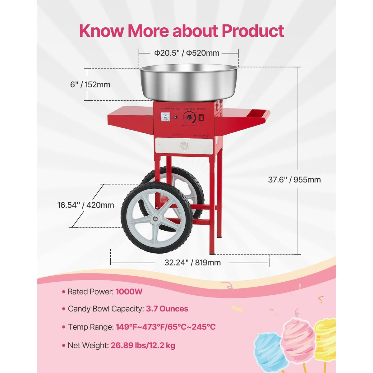 Electric Cotton Candy Machine with Cart, 1000W Commercial Candy Floss Maker with 20.5 in Stainless Steel Bowl, Sugar Scoop, and Drawer, Easy to Use, for Home, Kids Birthday, Family Party, Red