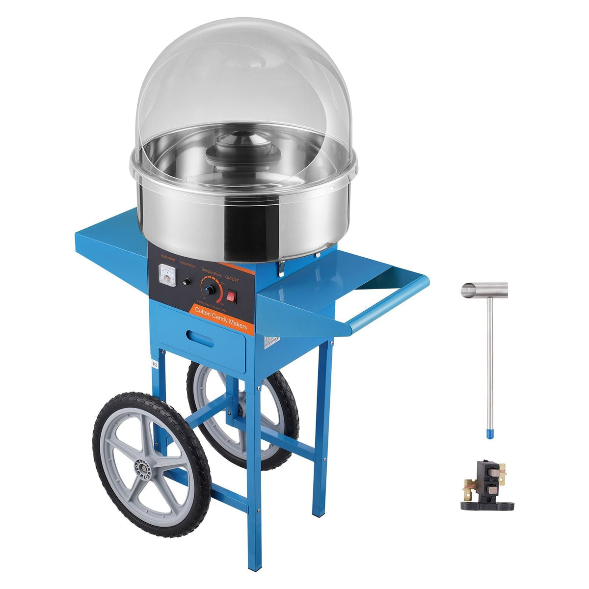 Electric Cotton Candy Machine with Cart, 1000W Commercial Candy Floss Maker with Cover, Stainless Steel Bowl, Sugar Scoop and Drawer, Perfect for Home, Kids Birthday, Family Party, Blue