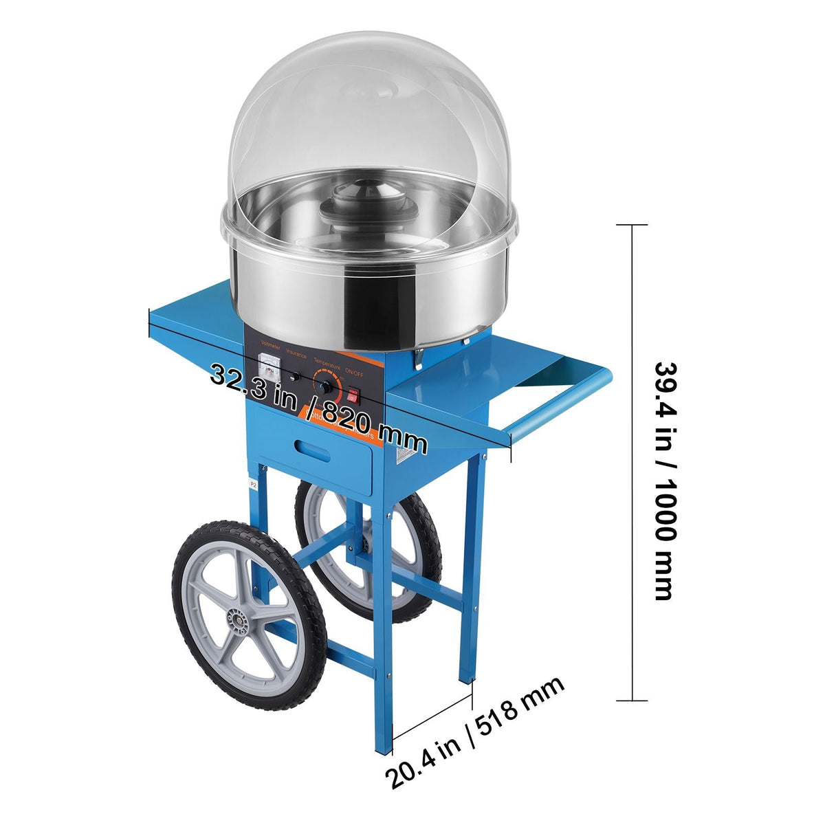 Electric Cotton Candy Machine with Cart, 1000W Commercial Candy Floss Maker with Cover, Stainless Steel Bowl, Sugar Scoop and Drawer, Perfect for Home, Kids Birthday, Family Party, Blue