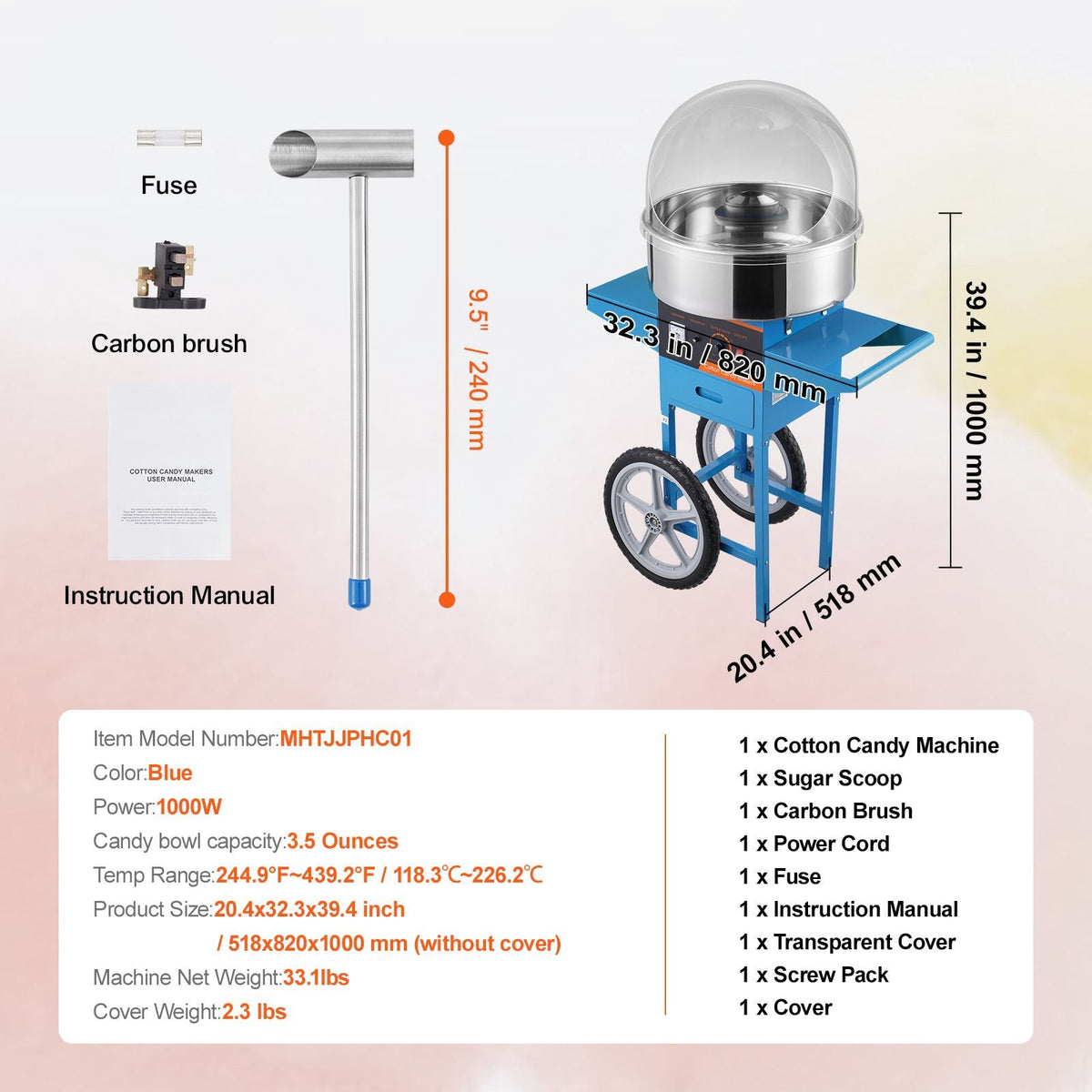 Electric Cotton Candy Machine with Cart, 1000W Commercial Candy Floss Maker with Cover, Stainless Steel Bowl, Sugar Scoop and Drawer, Perfect for Home, Kids Birthday, Family Party, Blue
