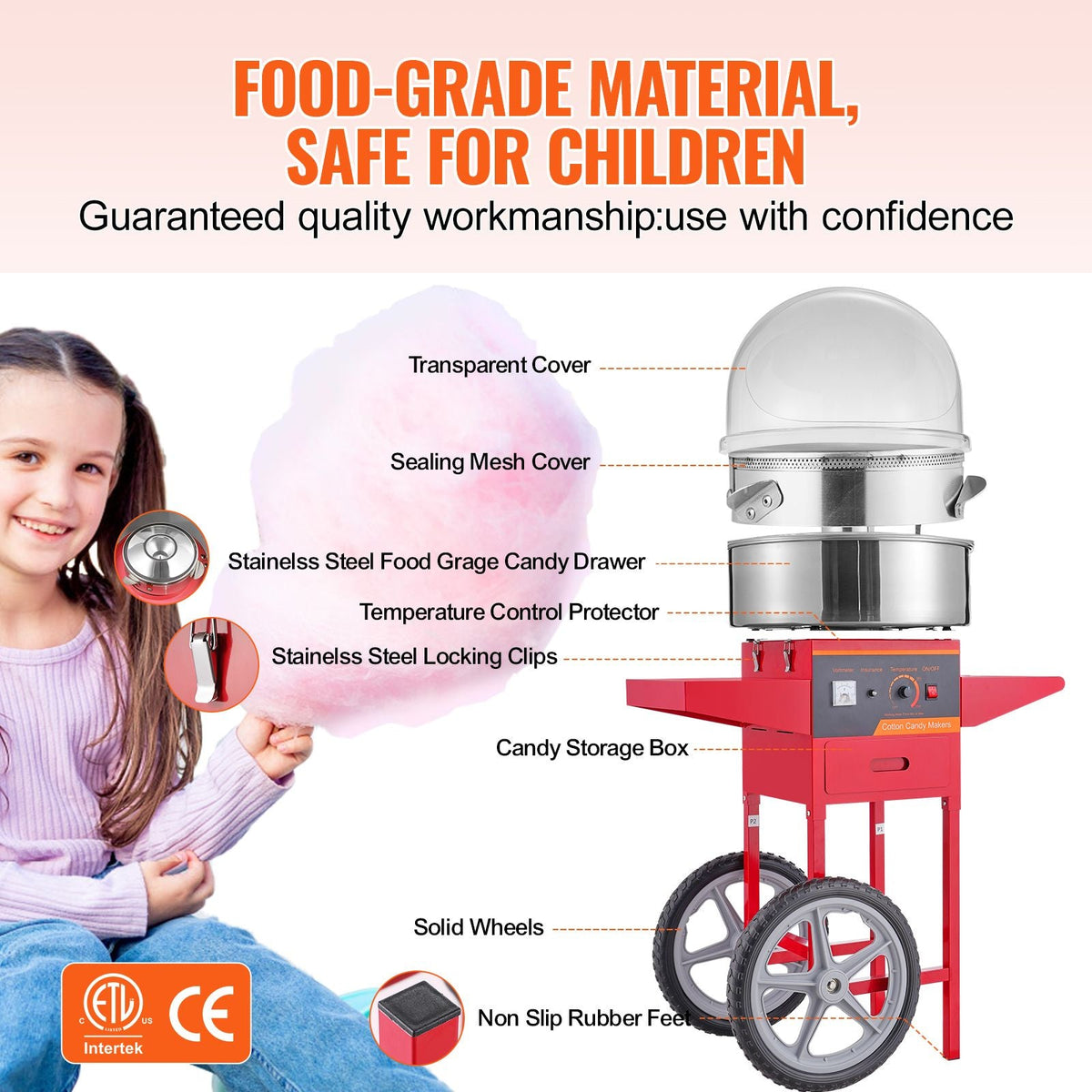 Electric Cotton Candy Machine with Cart, 1000W Commercial Candy Floss Maker with Cover, Stainless Steel Bowl, Sugar Scoop and Drawer, Perfect for Home, Kids Birthday, Family Party, Red