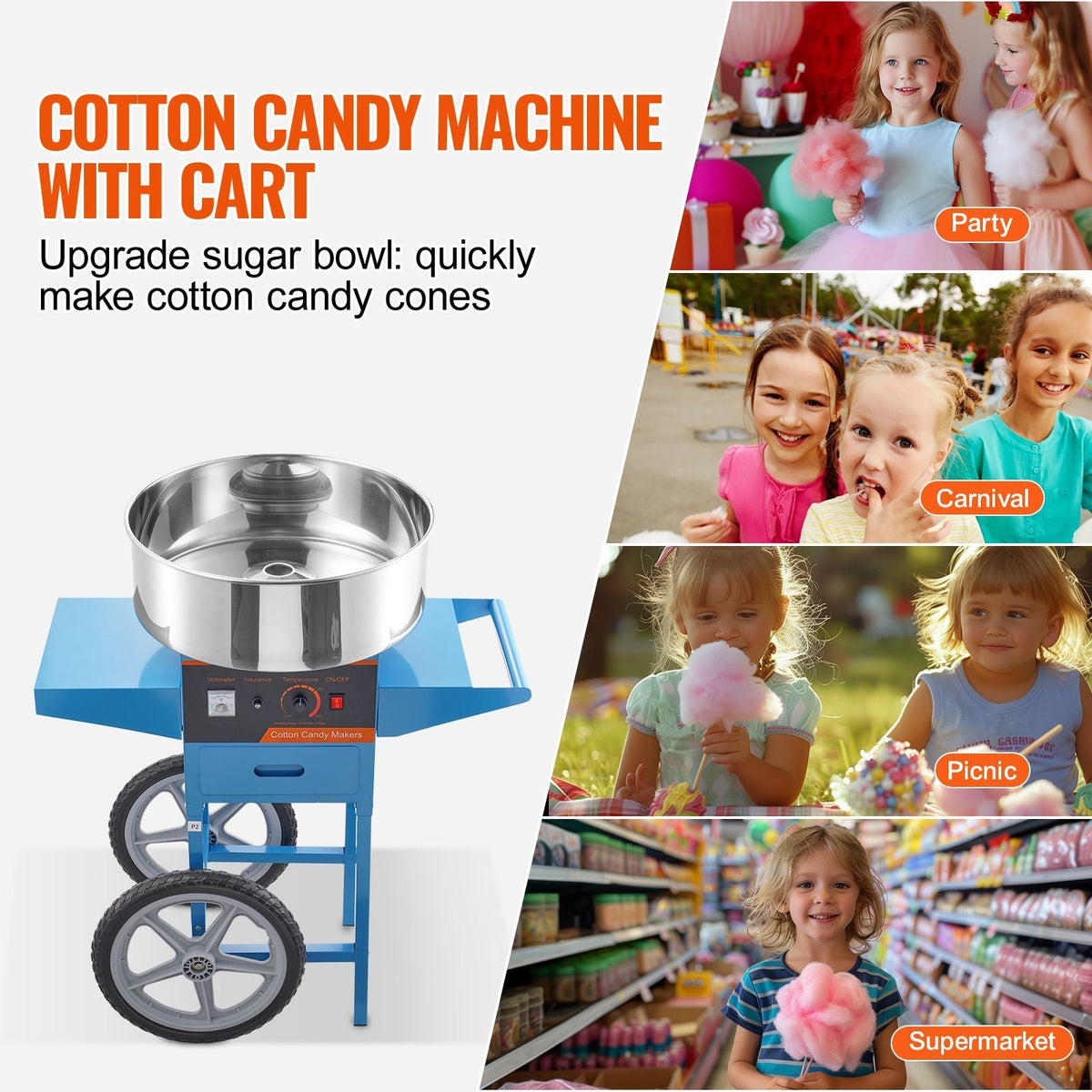 Electric Cotton Candy Machine with Cart, 1000W Commercial Candy Floss Maker with Stainless Steel Bowl, Sugar Scoop and Drawer, Perfect for Home, Kids Birthday, Family Party, Blue