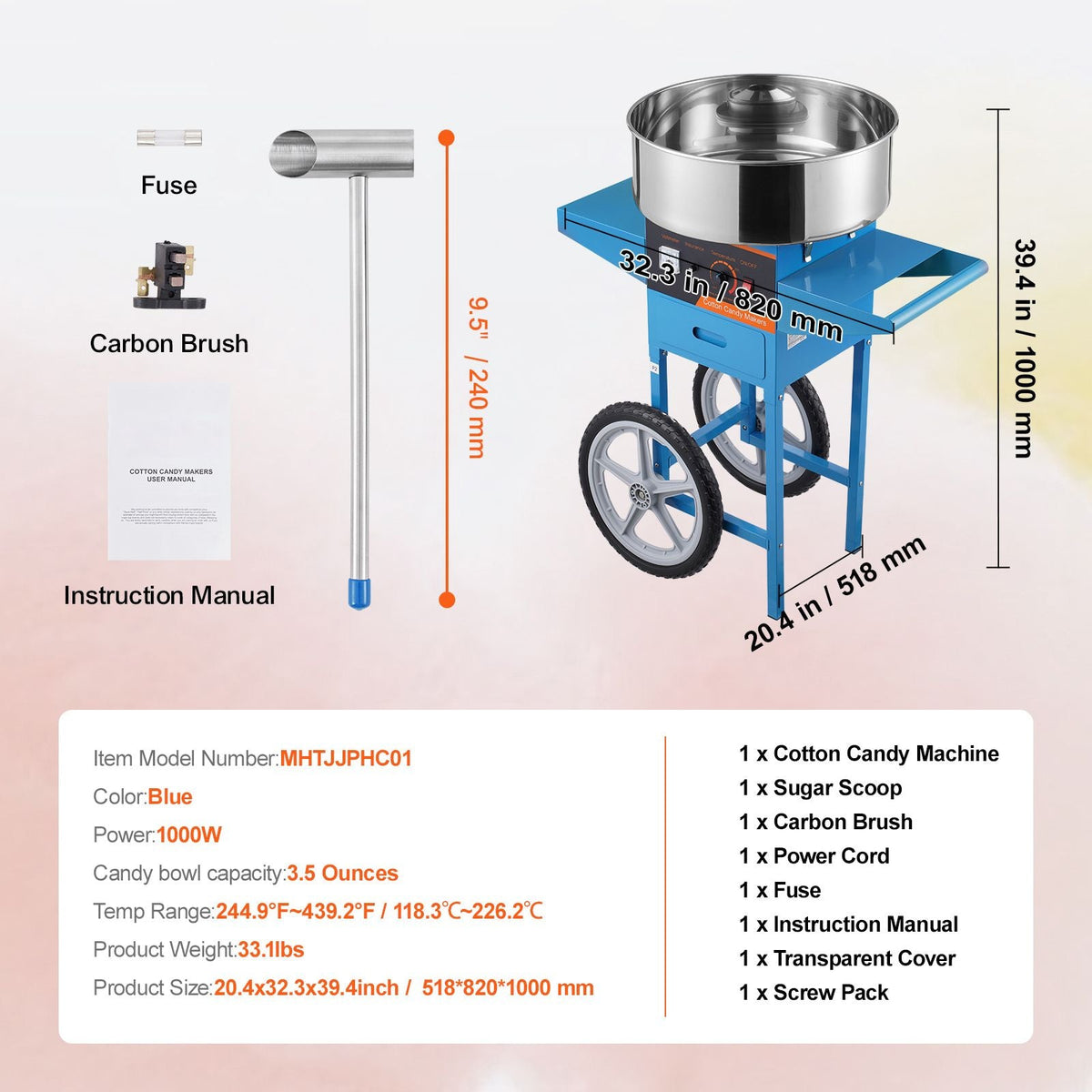 Electric Cotton Candy Machine with Cart, 1000W Commercial Candy Floss Maker with Stainless Steel Bowl, Sugar Scoop and Drawer, Perfect for Home, Kids Birthday, Family Party, Blue