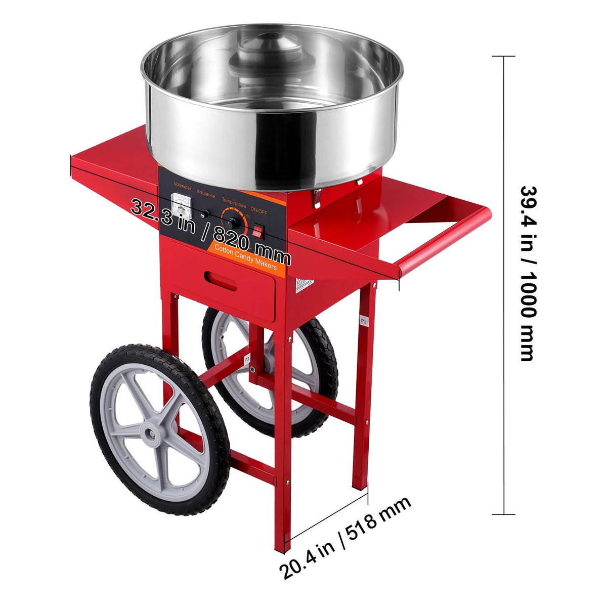 Electric Cotton Candy Machine with Cart, 1000W Commercial Candy Floss Maker with Stainless Steel Bowl, Sugar Scoop and Drawer, Perfect for Home, Kids Birthday, Family Party, Red