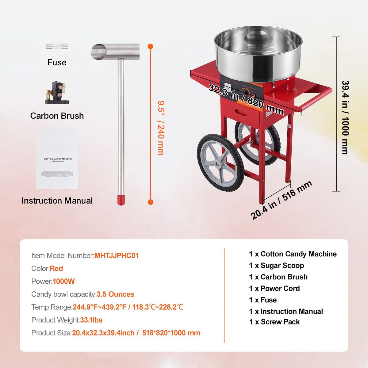 Electric Cotton Candy Machine with Cart, 1000W Commercial Candy Floss Maker with Stainless Steel Bowl, Sugar Scoop and Drawer, Perfect for Home, Kids Birthday, Family Party, Red