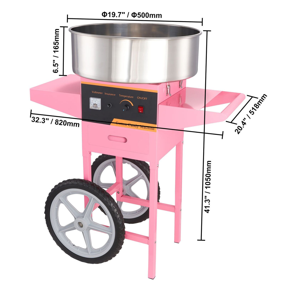 Electric Cotton Candy Machine with Cart, 1000W Commercial Floss Maker with Stainless Steel Bowl, Sugar Scoop and Drawer, Perfect for Home, Kids Birthday, Family Party, Pink
