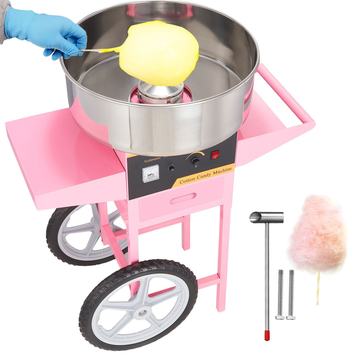 Electric Cotton Candy Machine with Cart, 1000W Commercial Floss Maker with Stainless Steel Bowl, Sugar Scoop and Drawer, Perfect for Home, Kids Birthday, Family Party, Pink