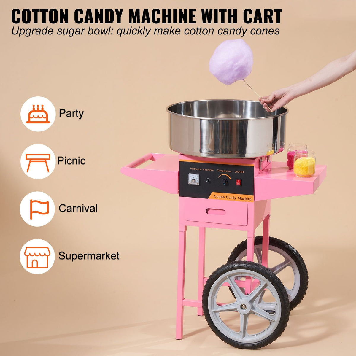 Electric Cotton Candy Machine with Cart, 1000W Commercial Floss Maker with Stainless Steel Bowl, Sugar Scoop and Drawer, Perfect for Home, Kids Birthday, Family Party, Pink